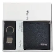 (店+)【CALVIN KLEIN】男皮夾 短夾 防刮皮+CK鑰匙圈套組 附獨立卡夾 品牌盒裝+原廠提袋／黑色(男夾短夾套組鑰匙圈)