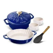 【STAUB】深藍色雪花雕花琺瑯鑄鐵鍋和食鍋16cm+飯匙+陶瓷烤盤碗3件組(德國雙人牌集團官方直營)