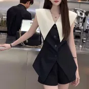 兩件套 韓版氣質通勤顯瘦小香風時尚漂亮套裝女夏季設計感氣質翻領外套高腰闊腿短褲兩件套氣質套裝通勤穿搭約會洋裝渡假風