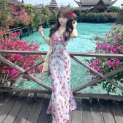 【法式氣質顯瘦設計感】海島度假風洋裝 渡假洋裝 法式v領碎花連衣裙 連身裙 連身裙洋裝 雙層花邊設計感顯瘦長裙子 春夏季