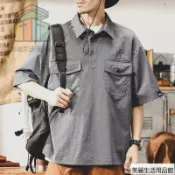 【熱賣】美式華夫格常春藤復古短袖Polo衫男秋季痞帥寬松襯衫領工裝外套男 T恤男 男襯衫 翻領長袖 長袖polo衫 長袖