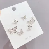 【Umi】一卡3對925純銀針微鑲鋯石蝴蝶翩翩飛舞造型耳環(日韓時尚潮流耳飾耳針耳墜耳釘)