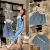 ✨小太陽✨韓國童裝2025夏季親子裝母女牛仔吊帶褲女童洋氣娃娃衫鏤空蕾絲邊母子裝母女裝家庭裝全家福旅遊拍照出行家庭服