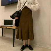 協貿國際日用品生活4館 魚尾裙半身裙女秋冬棕色半裙高腰a字包臀長裙燈芯絨裙子法式冬裙