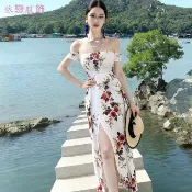 【海邊渡假 一字肩抹胸碎花連衣裙】性感開叉露肩宴會禮服長裙 小禮服 禮服洋裝 連身裙 連身裙長裙 長禮服 長裙 短禮服