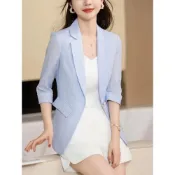 (店+)K&J 閃亮服飾 - 2024新款棉麻直條紋西裝外套(時尚流行 女西裝外套 透氣舒適 親膚不悶熱 纖瘦修長)