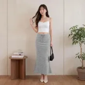 (店+)【FEE BABY】親膚高彈力顯瘦魚尾長裙 魚尾裙 半裙 包臀裙 顯瘦裙 韓系長裙 設計感長裙 半身裙 條紋a字裙 條紋色