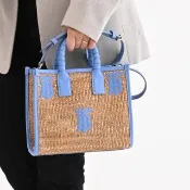 【BURBERRY 巴寶莉】品牌電繡TB字LOGO紙袋造型編織手提袋兩用包(藍邊)