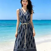 【波西米亞風】藏青無袖連身裙 女 V領 氣質 度假長裙 復古 夏季新款 海邊長裙 渡假洋裝 波希米亞洋裝 波西米亞長裙