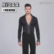 國標舞男士上衣 拉丁舞服上衣 男士舞衣 XISAA男式襯衫v領長袖連體上衣標摩登拉丁舞蹈成人男士襯衣套裝