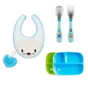 【Chicco】不鏽鋼幼兒叉匙組+munchkin防滑三格餐盤2入+動物棉織圍兜附掛矽膠固齒器-藍(學習餐具 副食品)