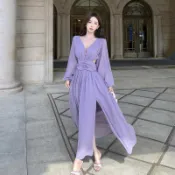 法式紫色v領長袖露背連衣裙長裙 洋裝 正韓 禮服 連身裙 包臀裙
