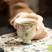 全球選品1館 生活百貨 復古手繪花卉焦糖紫藤花高足陶瓷茶杯單個裝文藝精緻品茶杯茶具