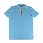 【Paul Smith】PAUL SMITH領口三色條紋LOGO素面純棉短袖POLO衫(男款/水藍)