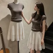 Cindy Lee【BOE112】韓針織彈性上衣+雪紡百褶裙套裝(兩件套)
