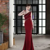 ParrotFashion敬酒服新娘長款單肩答謝宴修身魚尾裙結婚車模會展禮服