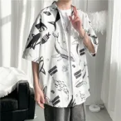 夏威夷cec熱門情侶短袖沙灘花襯衫男寬鬆ins港風日系復古著外套潮