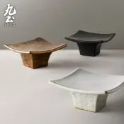 九土復古斜沿方座瓦片碟日式小碟陶瓷高腳茶點水果碟點心盤甜點盤日本料理壽司盤復古粗陶零食糕點擺盤小茶碟推薦CJR0653