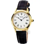 (店+)【SEIKO 精工】【柒號本舖】SEIKO精工藍寶石皮帶女錶-白面金框 / SWR072P1