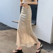 魚尾裙 銀色亮片半身裙女閃亮半裙春夏亮晶晶重工包臀魚尾裙高級感長裙子高腰裙 魚尾長裙 包臀裙 半身裙 A字裙 傘裙 XP