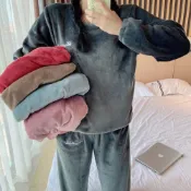 (店+)【D.studio】韓版加厚加絨毛毛小仙女暖暖睡衣套裝長袖上衣+長褲家居服女裝衣服寬鬆上衣褲子睡褲  S294