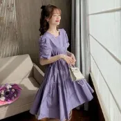 #現貨速發❤大尺碼夏天洋裝女純色短袖連衣裙韓版收腰洋裝中長款時尚甜美大裙擺顯瘦連身裙浪漫紫色設計感褶皺泡泡袖裙子女生衣著