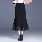 ParrotFashion小香風拼接紗網魚尾裙2024新品簡約名媛風中長裙緊身設計感半身裙