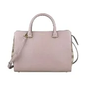 【BURBERRY 巴寶莉】BURBERRY Banwell燙金LOGO牛皮拼接帆布拉鍊手提/肩背兩用包(小/灰水貂x多色)