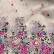 【歐根紗刺繡布料】 刺繡布料 歐根紗繡花布料 玫瑰花刺繡布料 豆沙粉歐根紗 洋裝布料 服裝布料 中國風刺繡布 繡花布料