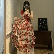 連衣裙套裝 套裝 度假風裙子 裙子 洋裝 連身裙 海邊度假風套裝女設計不規則吊帶碎花連衣裙女露背沙灘夏日兩件套