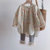 米粒家新款 女童春秋套裝 彩色韓版圓點寬鬆襯衫花邊內搭褲子兩件套 氣質淑女