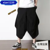 優選⚡亞麻褲子男中國風寬鬆大尺碼胖子闊腿燈籠褲夏季潮流復古低襠飛鼠褲⚡