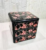 日本製 三段重箱 壽司盒 便當盒 餅干點心盒 三層漆器 重箱 蒔繪花朵