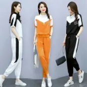 騰達百貨 《愛網購》~BA07960~運動套裝女夏季新款時尚撞色拼接套裝休閒運動兩件套女女性服裝流行女裝衣服休閒服