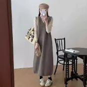 (店+)【D.studio】韓版長版V領針織背心 針織上衣 毛衣 衣服 保暖上衣 冬天女裝 秋冬女裝 發熱衣 連身裙 連衣裙【S374】