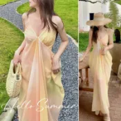 現貨 高級感 暈染露背洋裝 v領長洋裝 海島渡假洋裝 連身裙 279