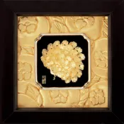 開運陶源雅鑑鑫品 【如意系列-富貴吉祥】孔雀  純金箔畫 24x 24 cm 招桃花-可掛於牆壁，後有腳架，也可立在桌上