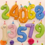 42 英寸多巴胺彩色笑臉數字鋁箔氣球帶數字 123456789, 生日數字氣球, 生日派對裝飾