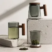 【KOTI 日安生活】日式青鈍色耐熱玻璃茶水分離泡茶杯附實木杯蓋(情人節禮物咖啡杯水杯玻璃杯)