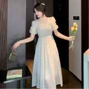 泡泡袖連身裙 夏季新款法式方領泡泡袖連衣裙女褶皺收腰顯瘦中長款大擺裙子傘裙 法式收腰 小個子洋裝 氣質 06