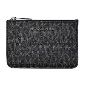 【Michael Kors】MK MICHAEL KORS JET SET LOGO拉鍊滿版印花PVC 3卡鑰匙零錢包(黑)