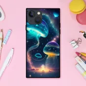如同深海般的宇宙中游曳的夢幻可愛閃耀水母 方形手機殼【強化玻璃】適用於 iPhone16