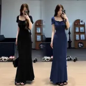 長洋裝 短袖洋裝 大U領繫帶洋裝 法式藍色包臀連衣裙子女 夏季2025新款高級感收腰顯瘦氣質魚尾長裙
