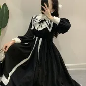 『限時免運』 萬聖節服裝 變裝服裝 復古赫本風小黑裙 黑色洋裝 超仙海軍領 荷葉邊大裙擺 軟妹裙 長袖連衣裙 公主洋裝