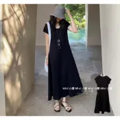U領短袖小飛袖黑色收腰連衣裙女a字大裙擺長裙 洋裝