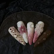 純手工純欲風豆沙粉漸變露珠冰花氣質顯白美甲穿戴甲