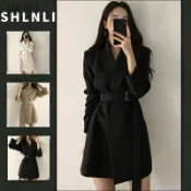 春秋女式翻領西裝外套束帶束腰風衣中長款優雅韓版西裝外套