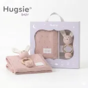 HugsieBABY有機棉透透毯・安撫手搖鈴-粉色兔兔 豆豆毯 荳荳毯 嬰兒蓋毯 安撫被 推車蓋毯 手搖鈴