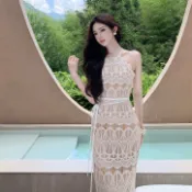 【衣隅Yiyu】蕾絲拼接無袖掛脖連衣裙 夏季開叉收腰魚尾裙 修身包臀長裙 蕾絲洋裝 後開叉禮服