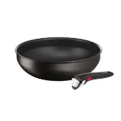 【Tefal 特福】法國製 巧變精靈系列可拆式不沾鍋2件組_28cm炒鍋＋可拆式把手_酷黑(IH爐可用鍋/電磁爐適用)
